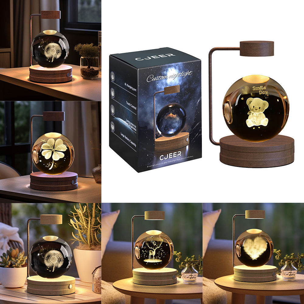 Crystal Ball Cosmic Dinosaur Indoor Night Light USB Power Warm Bedside Light Birthday Gift Night Lamp Ball Lamp, 3D K9 T-Rex, 3.15in USB Powered, 16 Colors Change, Remote Control, Night Light with Wooden Base, Gift Box