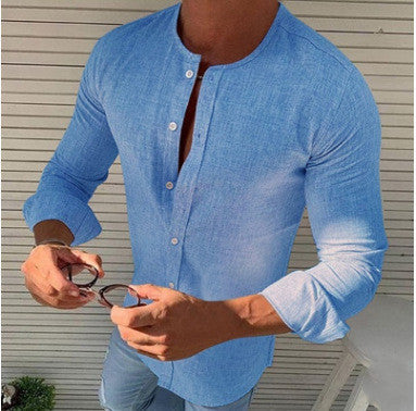 Round Neck Linen Solid Color Men's Shirt