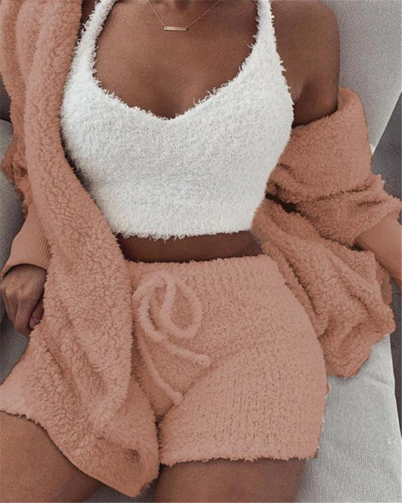 3pcs Womens Clothing Long Sleeve Crop Tank Top And Drawstring Shorts Pullover Sweater Set Oversize Fall Winter Fuzzy Lounge Outfit Pajama Set