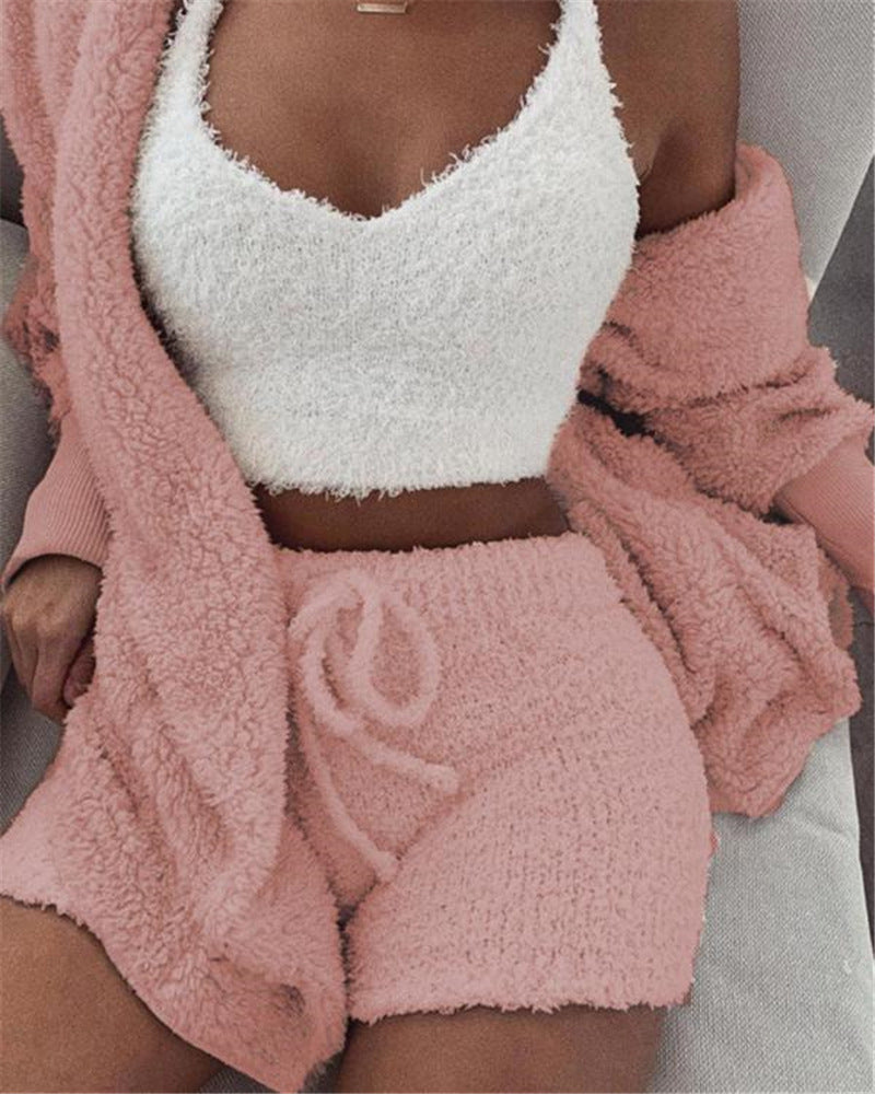 3pcs Womens Clothing Long Sleeve Crop Tank Top And Drawstring Shorts Pullover Sweater Set Oversize Fall Winter Fuzzy Lounge Outfit Pajama Set