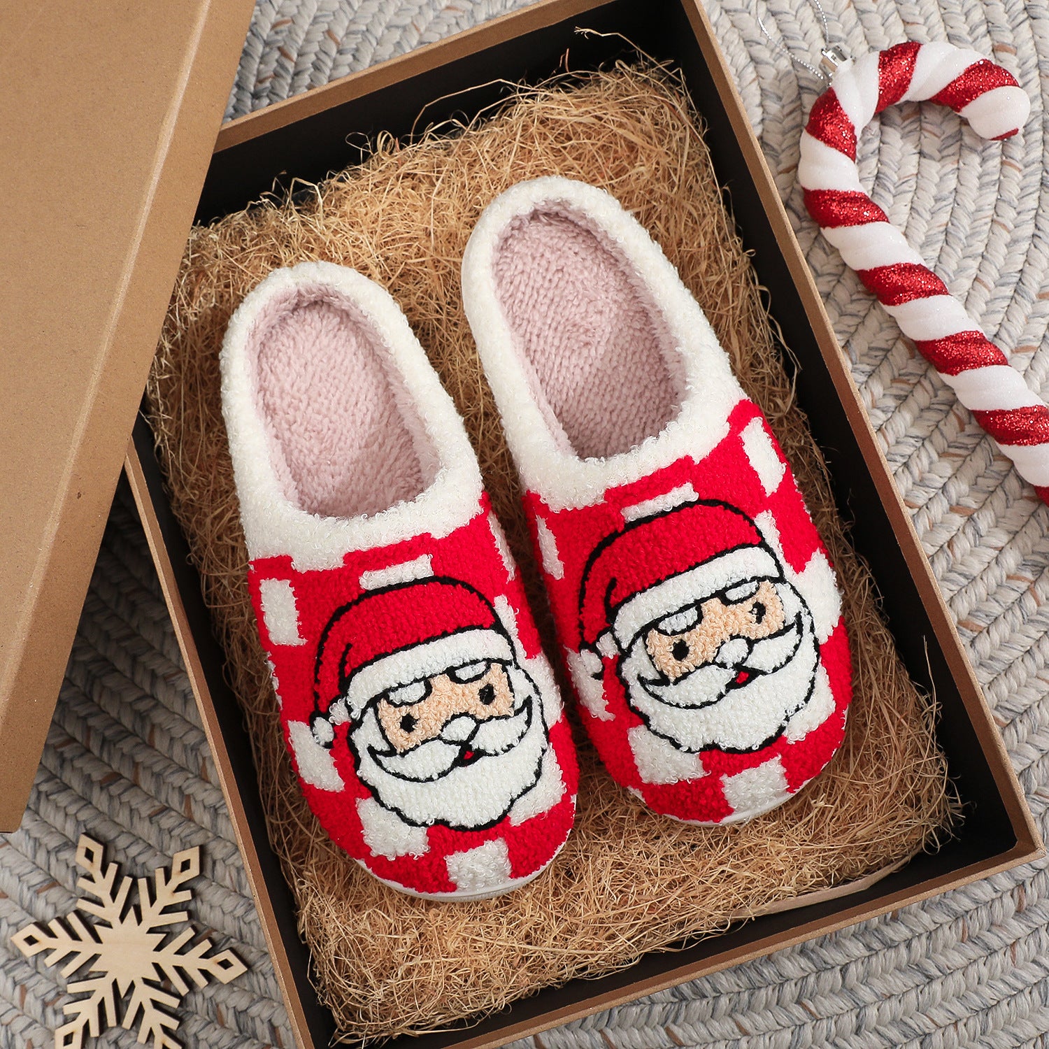 New Christmas Plaid Santa Claus Slippers Winter Indoor Non-slip Floor Bedroom Fuzzy House Shoes For Women Home Slipper