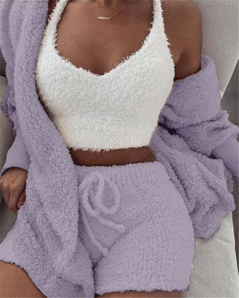 3pcs Womens Clothing Long Sleeve Crop Tank Top And Drawstring Shorts Pullover Sweater Set Oversize Fall Winter Fuzzy Lounge Outfit Pajama Set