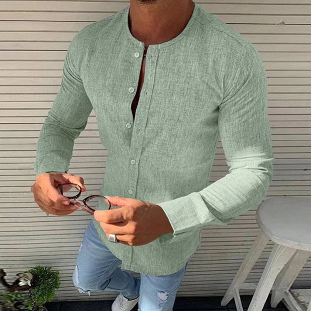 Round Neck Linen Solid Color Men's Shirt