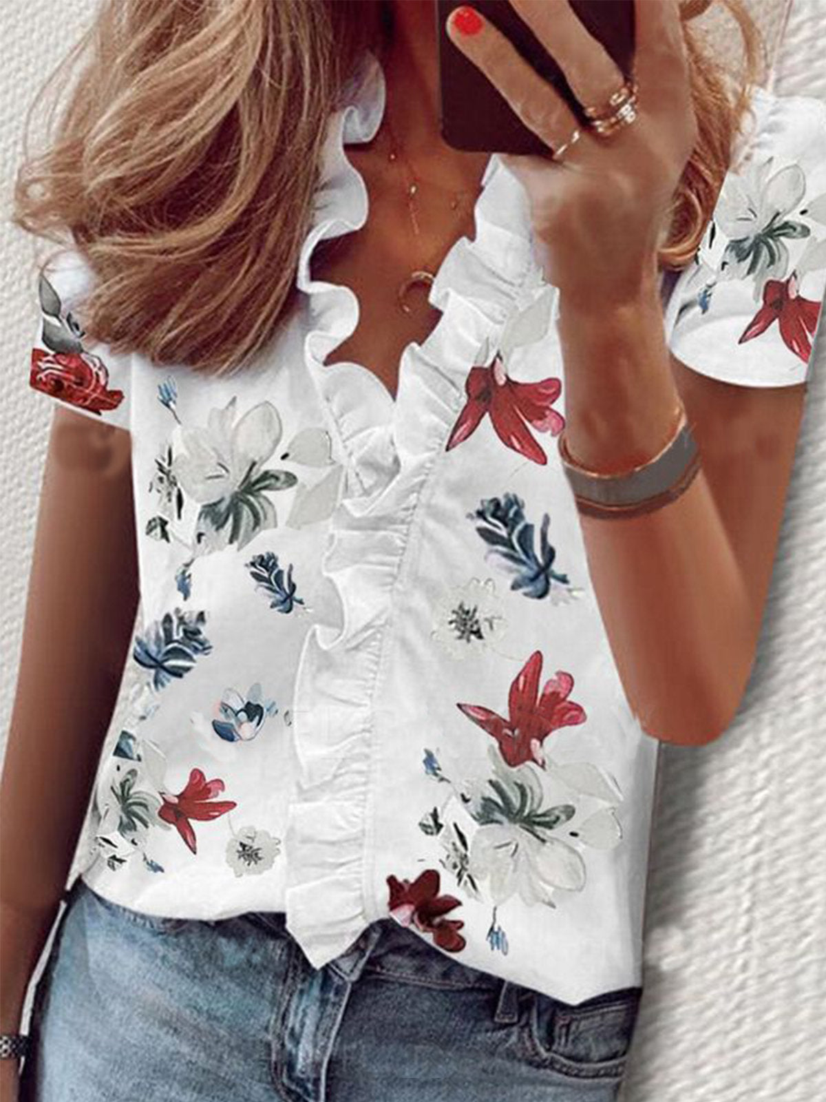 Women's Printed Ruffled Short-Sleeved Shirt Shirt