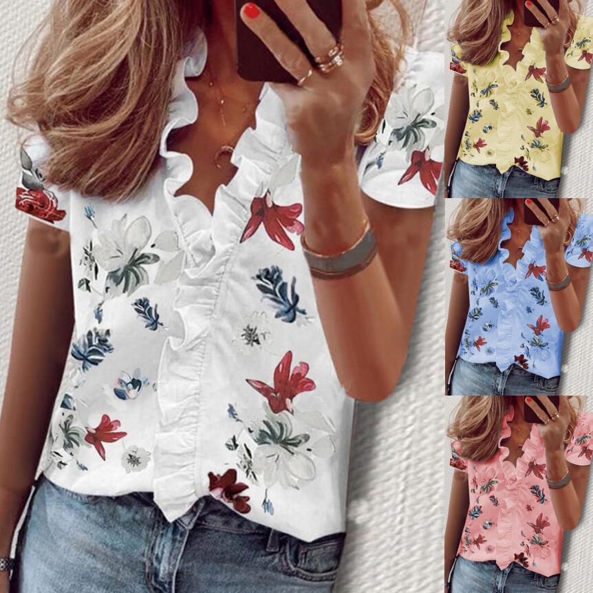 Women's Printed Ruffled Short-Sleeved Shirt Shirt