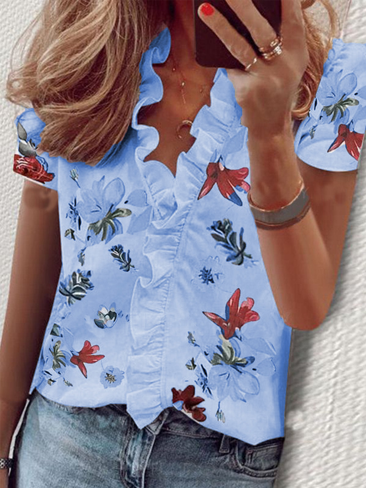 Women's Printed Ruffled Short-Sleeved Shirt Shirt