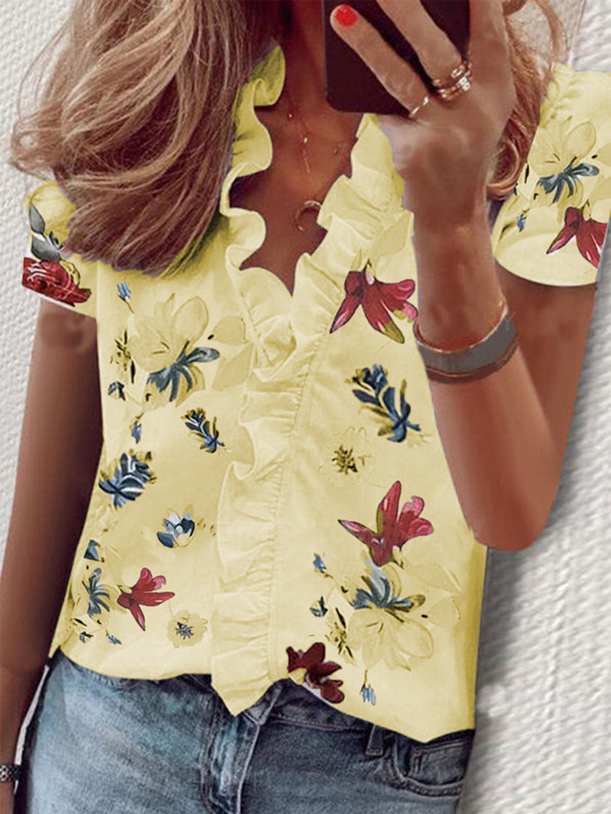 Women's Printed Ruffled Short-Sleeved Shirt Shirt