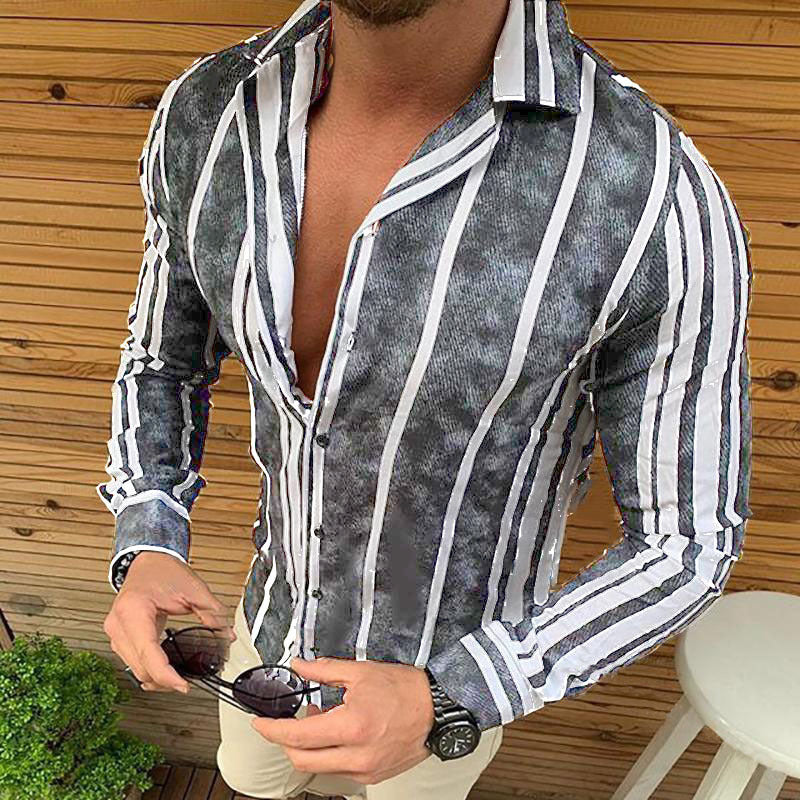 Men's Long Sleeve Shirt Striped Print Slim Lapel Long Sleeve Shirt