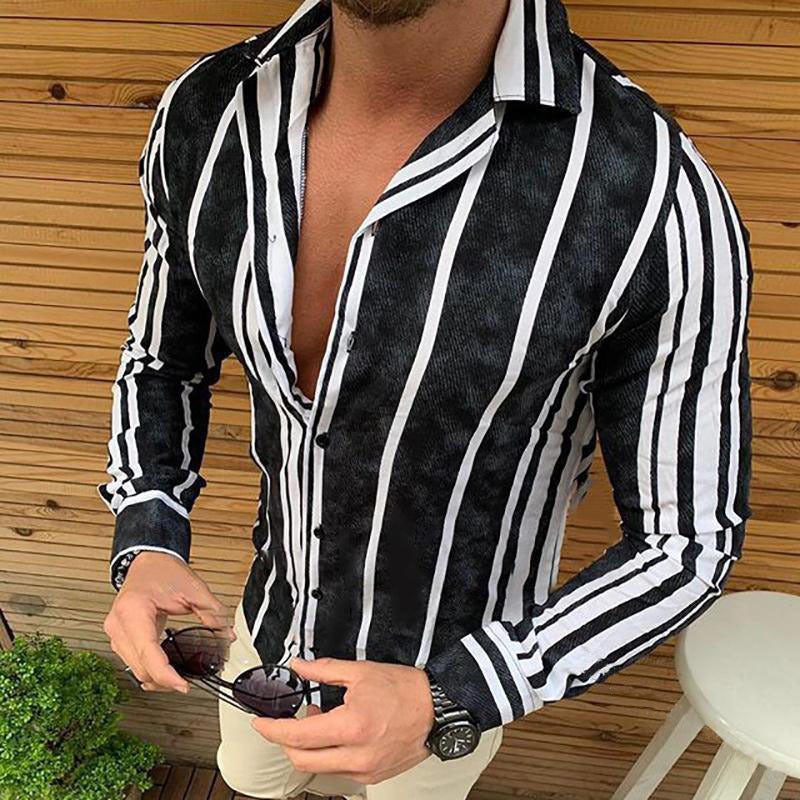 Men's Long Sleeve Shirt Striped Print Slim Lapel Long Sleeve Shirt