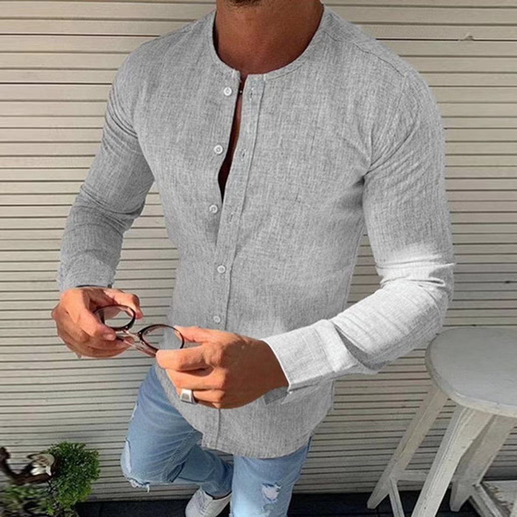 Round Neck Linen Solid Color Men's Shirt