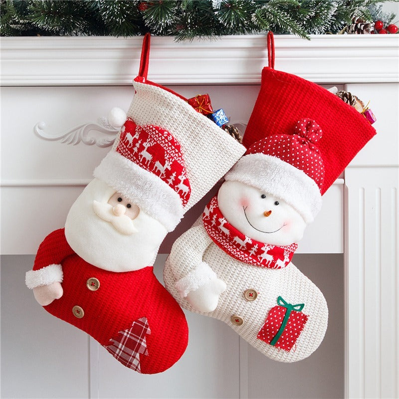 Large Red White Knitted Christmas Stocking Santa Claus Fireplace Decor Socks Xmas Gift Bags Candy Holder Decor