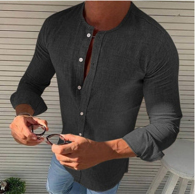 Round Neck Linen Solid Color Men's Shirt