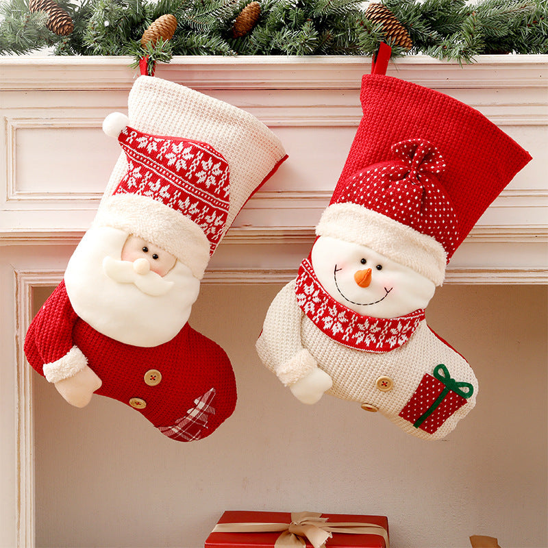 Large Red White Knitted Christmas Stocking Santa Claus Fireplace Decor Socks Xmas Gift Bags Candy Holder Decor