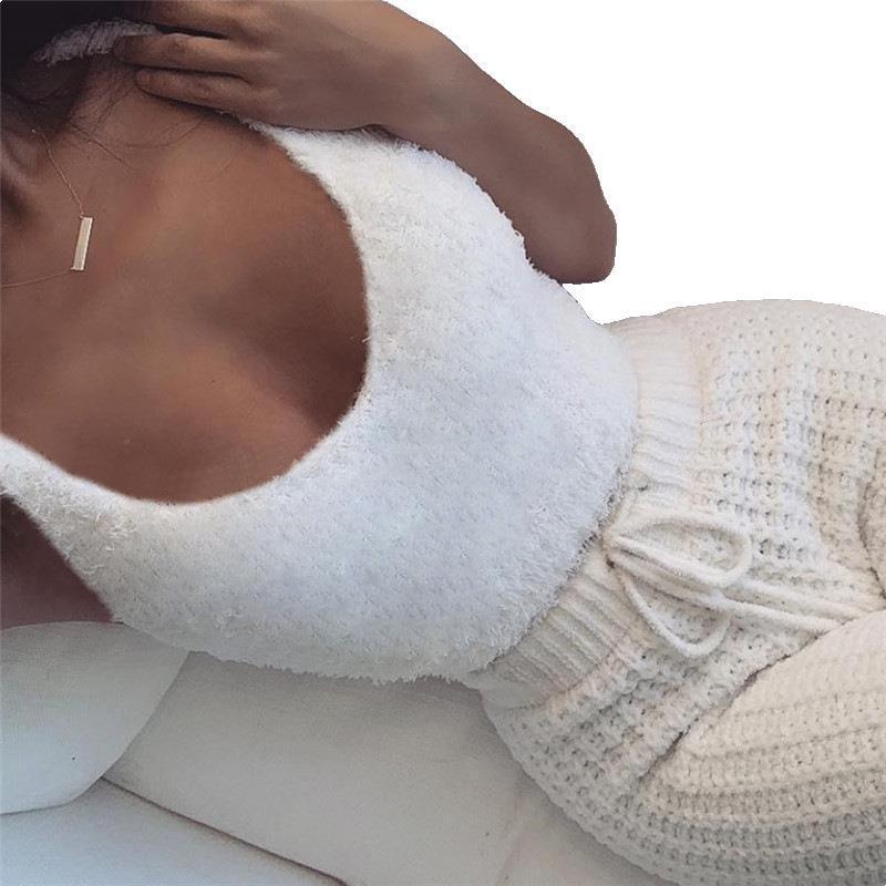 3pcs Womens Clothing Long Sleeve Crop Tank Top And Drawstring Shorts Pullover Sweater Set Oversize Fall Winter Fuzzy Lounge Outfit Pajama Set