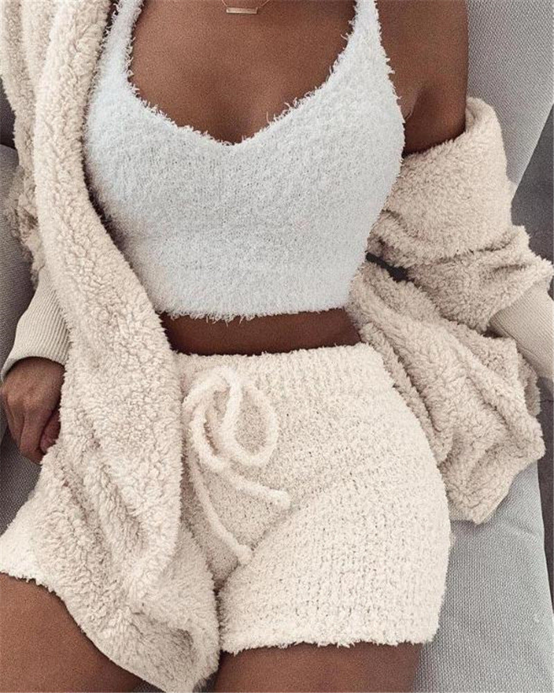 3pcs Womens Clothing Long Sleeve Crop Tank Top And Drawstring Shorts Pullover Sweater Set Oversize Fall Winter Fuzzy Lounge Outfit Pajama Set