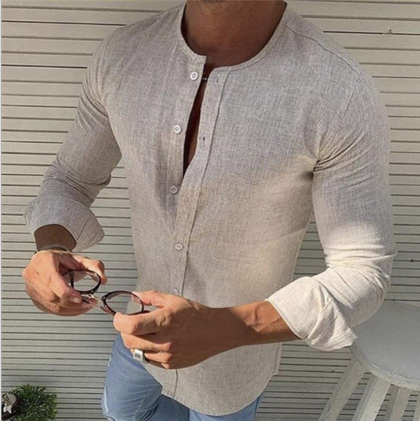 Round Neck Linen Solid Color Men's Shirt