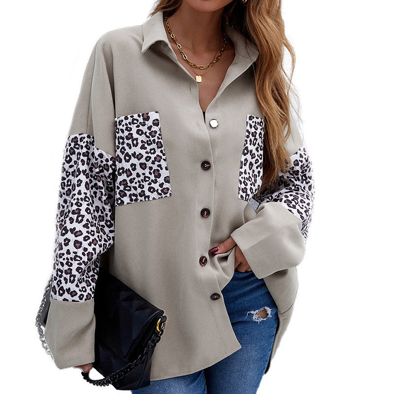 Shirt Jacket Lapel Shirt Stitching Leopard Print Long-sleeved Cardigan Shirt Women