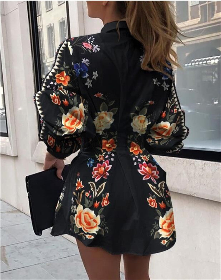 Fashion printed waist shirt, lantern sleeve shirt