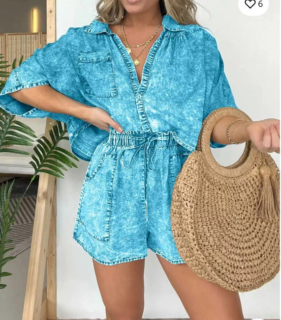 2pcs Loose Denim Suits Summer Casual Bat Sleeve Shirt And Drawstring Shorts With Pockets Women's Set