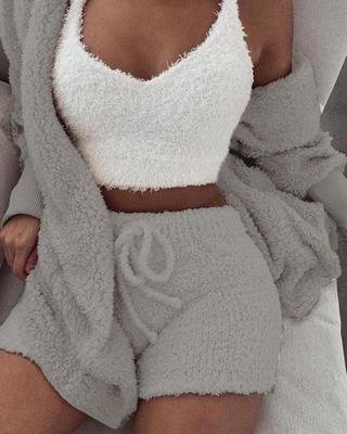 3pcs Womens Clothing Long Sleeve Crop Tank Top And Drawstring Shorts Pullover Sweater Set Oversize Fall Winter Fuzzy Lounge Outfit Pajama Set