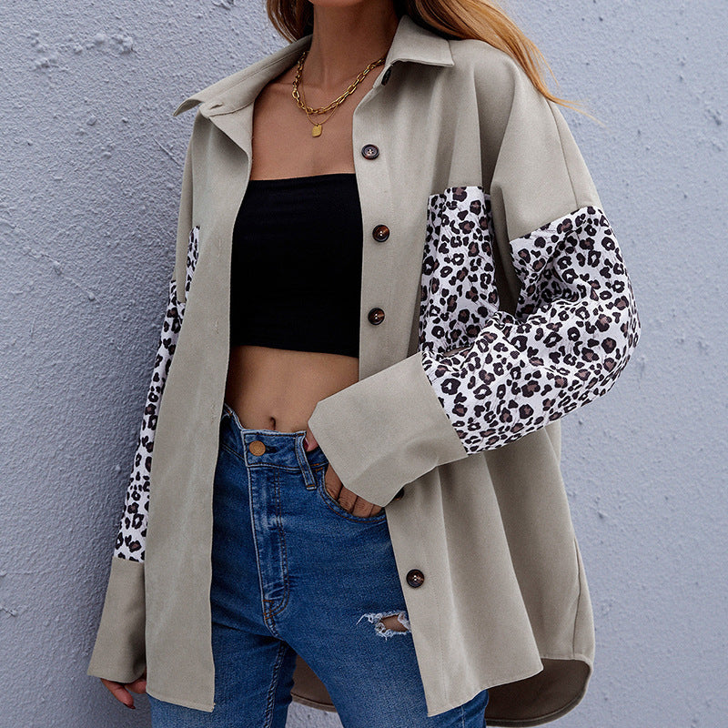 Shirt Jacket Lapel Shirt Stitching Leopard Print Long-sleeved Cardigan Shirt Women