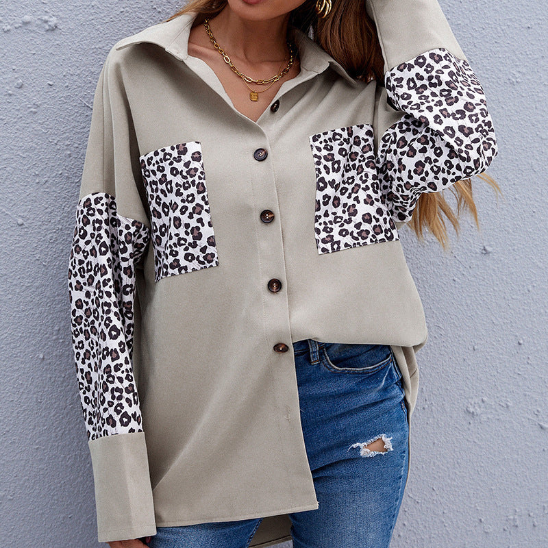 Shirt Jacket Lapel Shirt Stitching Leopard Print Long-sleeved Cardigan Shirt Women