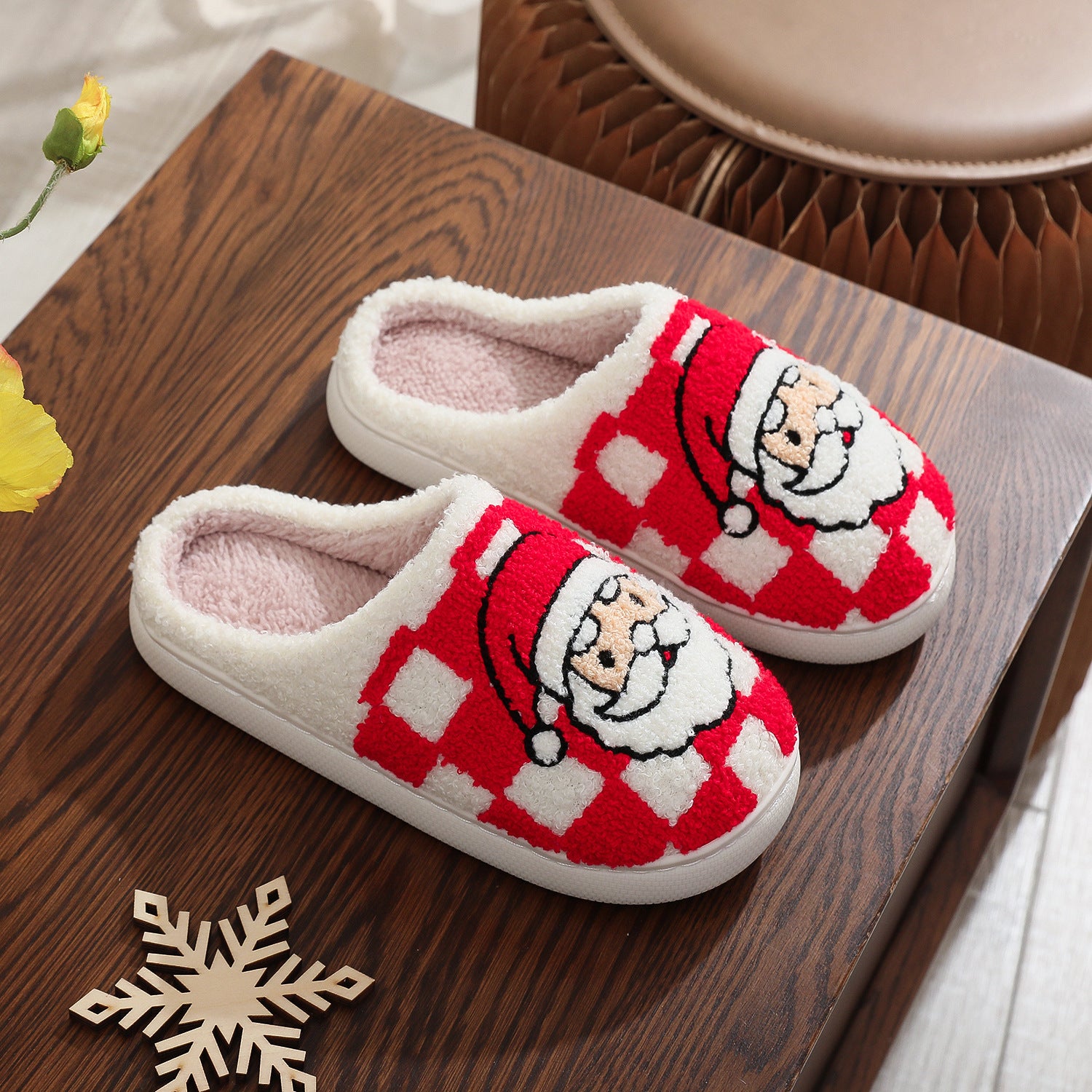 New Christmas Plaid Santa Claus Slippers Winter Indoor Non-slip Floor Bedroom Fuzzy House Shoes For Women Home Slipper