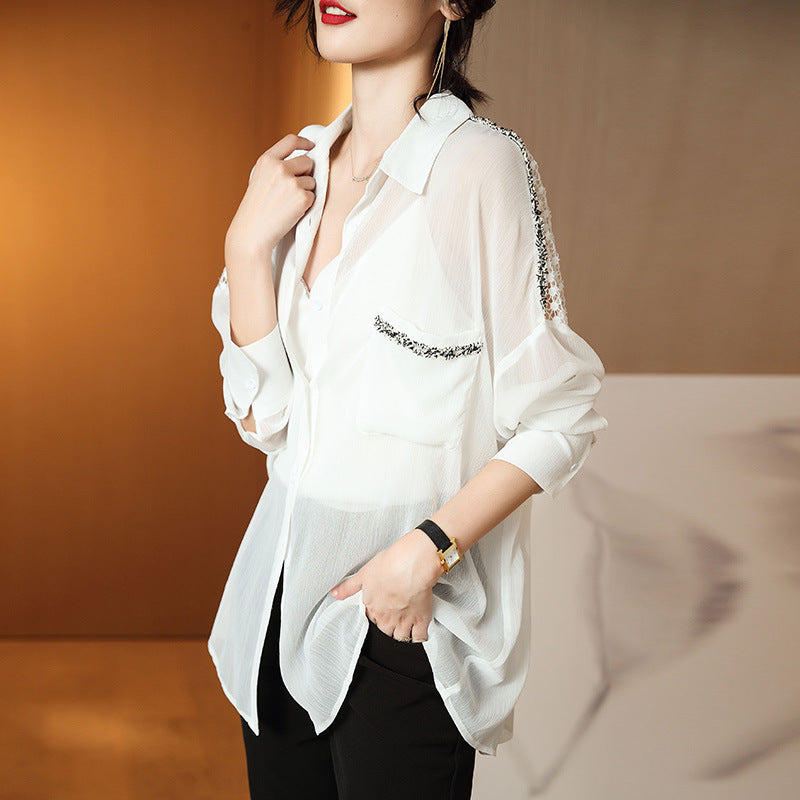 Summer Shirt Hollow Sexy Shirt Single-breasted Chiffon Shirt Women