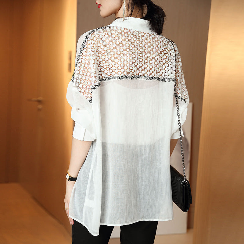 Summer Shirt Hollow Sexy Shirt Single-breasted Chiffon Shirt Women