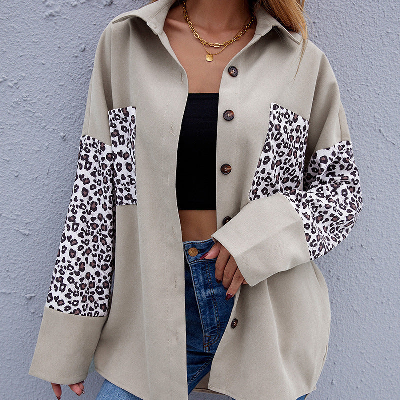 Shirt Jacket Lapel Shirt Stitching Leopard Print Long-sleeved Cardigan Shirt Women