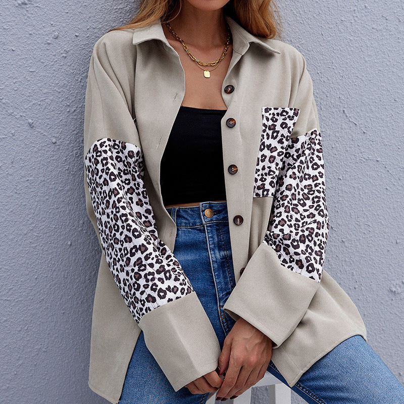 Shirt Jacket Lapel Shirt Stitching Leopard Print Long-sleeved Cardigan Shirt Women